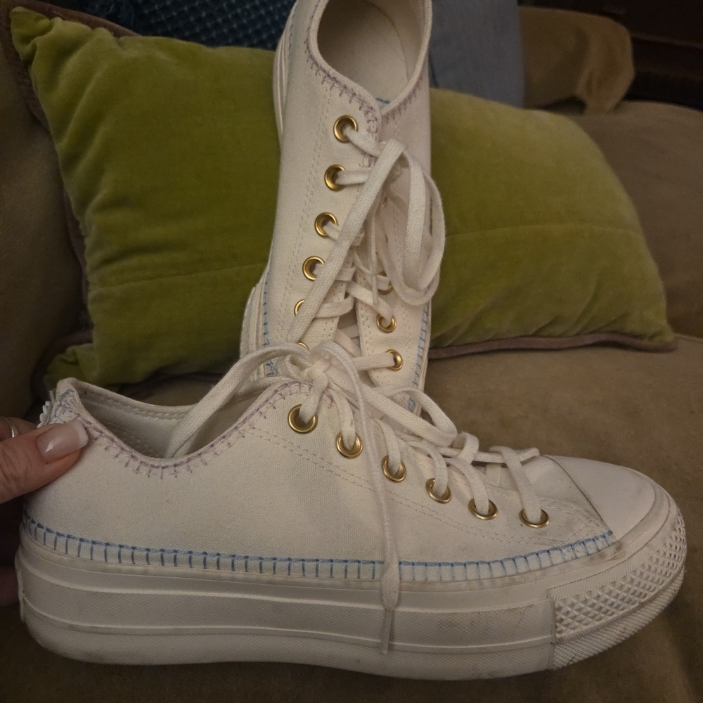 Converse Cream Canvas Sneakers with Blue And Gold Accents chunky S 8